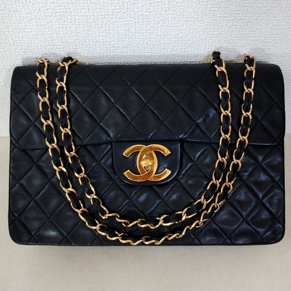 Authentic CHANEL Jumbo Maxi XL 24K Gold Flap Bag Lambskin Chain Shoulder Black